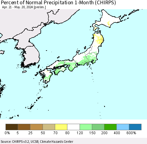 Japan Percent of Normal Precipitation 1-Month (CHIRPS) Thematic Map For 4/21/2024 - 5/20/2024