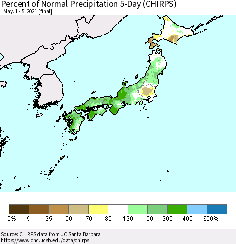 Japan Percent of Normal Precipitation 5-Day (CHIRPS) Thematic Map For 5/1/2021 - 5/5/2021