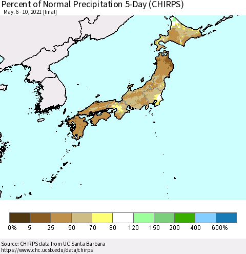 Japan Percent of Normal Precipitation 5-Day (CHIRPS) Thematic Map For 5/6/2021 - 5/10/2021