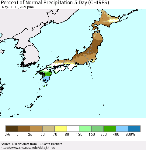 Japan Percent of Normal Precipitation 5-Day (CHIRPS) Thematic Map For 5/11/2021 - 5/15/2021