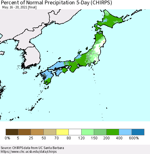 Japan Percent of Normal Precipitation 5-Day (CHIRPS) Thematic Map For 5/16/2021 - 5/20/2021