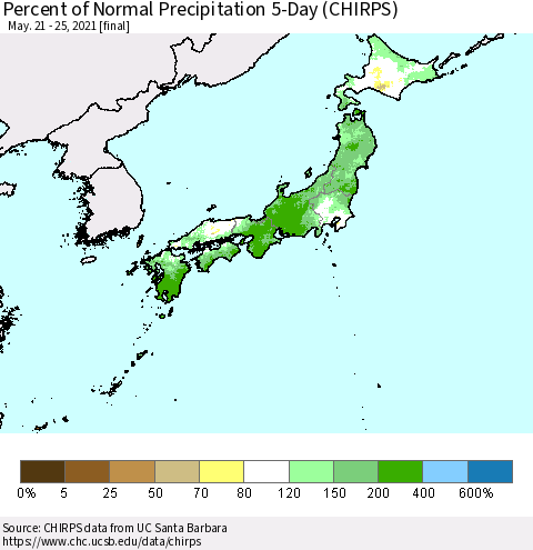 Japan Percent of Normal Precipitation 5-Day (CHIRPS) Thematic Map For 5/21/2021 - 5/25/2021