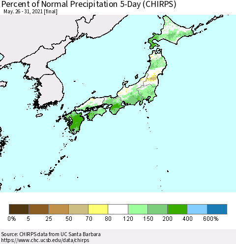 Japan Percent of Normal Precipitation 5-Day (CHIRPS) Thematic Map For 5/26/2021 - 5/31/2021