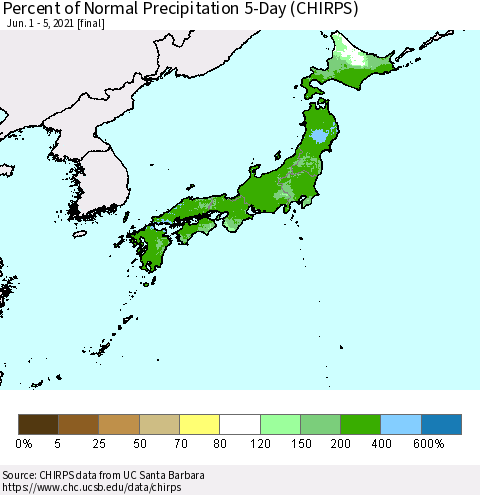 Japan Percent of Normal Precipitation 5-Day (CHIRPS) Thematic Map For 6/1/2021 - 6/5/2021