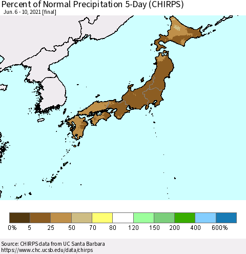 Japan Percent of Normal Precipitation 5-Day (CHIRPS) Thematic Map For 6/6/2021 - 6/10/2021