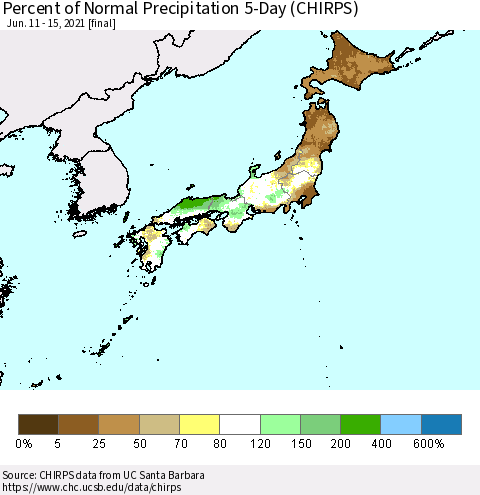 Japan Percent of Normal Precipitation 5-Day (CHIRPS) Thematic Map For 6/11/2021 - 6/15/2021