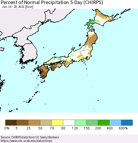Japan Percent of Normal Precipitation 5-Day (CHIRPS) Thematic Map For 6/16/2021 - 6/20/2021