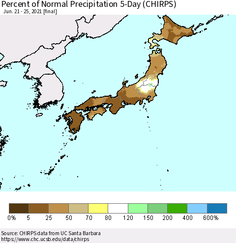 Japan Percent of Normal Precipitation 5-Day (CHIRPS) Thematic Map For 6/21/2021 - 6/25/2021