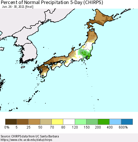 Japan Percent of Normal Precipitation 5-Day (CHIRPS) Thematic Map For 6/26/2021 - 6/30/2021