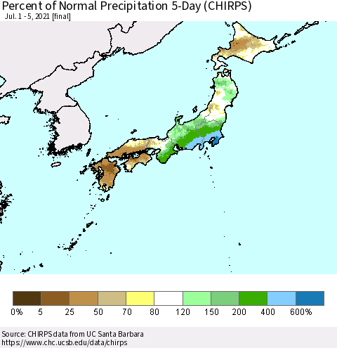 Japan Percent of Normal Precipitation 5-Day (CHIRPS) Thematic Map For 7/1/2021 - 7/5/2021