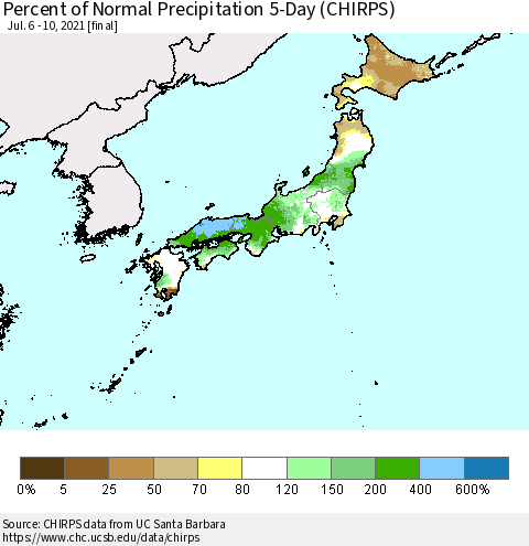 Japan Percent of Normal Precipitation 5-Day (CHIRPS) Thematic Map For 7/6/2021 - 7/10/2021