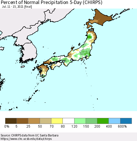 Japan Percent of Normal Precipitation 5-Day (CHIRPS) Thematic Map For 7/11/2021 - 7/15/2021