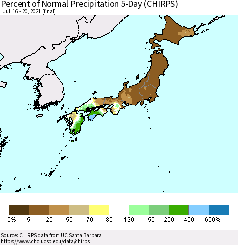Japan Percent of Normal Precipitation 5-Day (CHIRPS) Thematic Map For 7/16/2021 - 7/20/2021