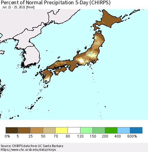 Japan Percent of Normal Precipitation 5-Day (CHIRPS) Thematic Map For 7/21/2021 - 7/25/2021