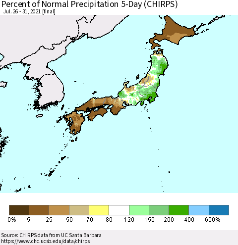 Japan Percent of Normal Precipitation 5-Day (CHIRPS) Thematic Map For 7/26/2021 - 7/31/2021