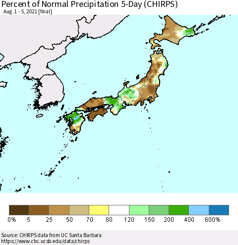 Japan Percent of Normal Precipitation 5-Day (CHIRPS) Thematic Map For 8/1/2021 - 8/5/2021