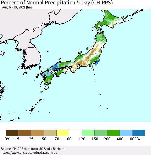 Japan Percent of Normal Precipitation 5-Day (CHIRPS) Thematic Map For 8/6/2021 - 8/10/2021