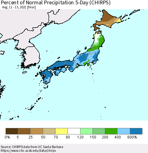 Japan Percent of Normal Precipitation 5-Day (CHIRPS) Thematic Map For 8/11/2021 - 8/15/2021