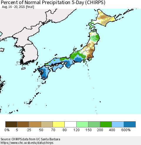Japan Percent of Normal Precipitation 5-Day (CHIRPS) Thematic Map For 8/16/2021 - 8/20/2021