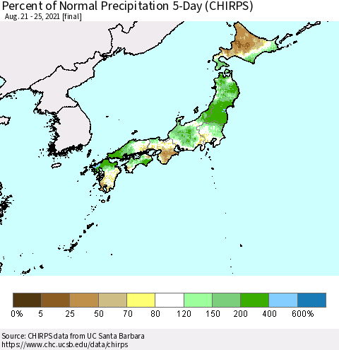Japan Percent of Normal Precipitation 5-Day (CHIRPS) Thematic Map For 8/21/2021 - 8/25/2021