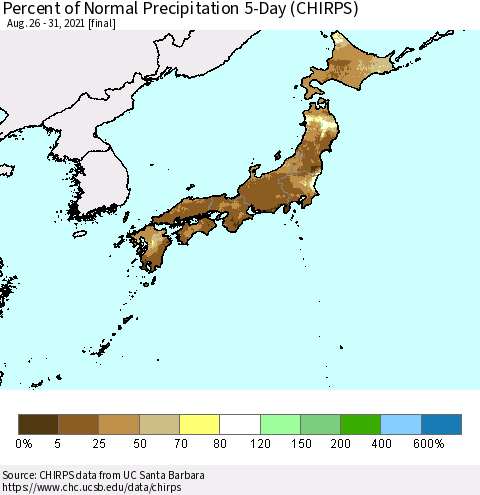 Japan Percent of Normal Precipitation 5-Day (CHIRPS) Thematic Map For 8/26/2021 - 8/31/2021