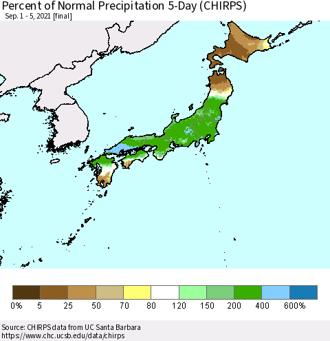 Japan Percent of Normal Precipitation 5-Day (CHIRPS) Thematic Map For 9/1/2021 - 9/5/2021