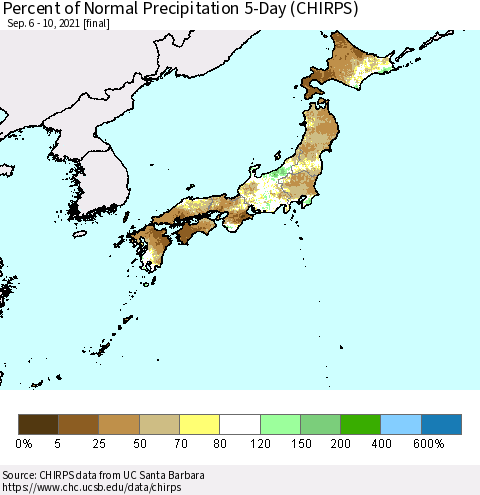 Japan Percent of Normal Precipitation 5-Day (CHIRPS) Thematic Map For 9/6/2021 - 9/10/2021