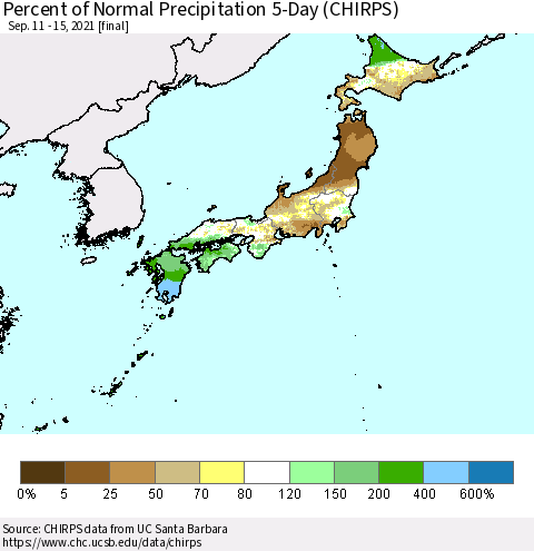 Japan Percent of Normal Precipitation 5-Day (CHIRPS) Thematic Map For 9/11/2021 - 9/15/2021