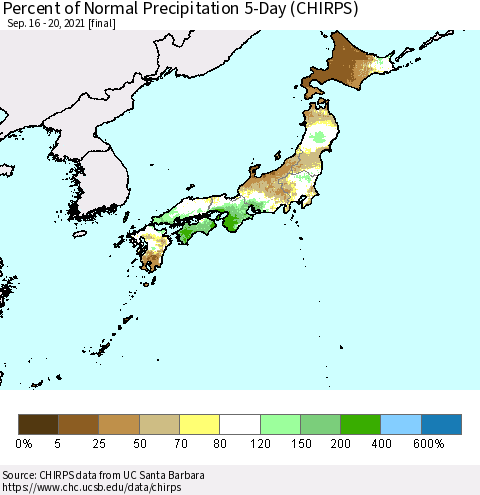 Japan Percent of Normal Precipitation 5-Day (CHIRPS) Thematic Map For 9/16/2021 - 9/20/2021