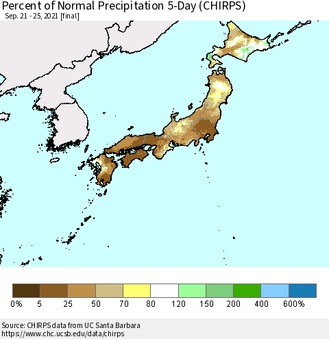 Japan Percent of Normal Precipitation 5-Day (CHIRPS) Thematic Map For 9/21/2021 - 9/25/2021
