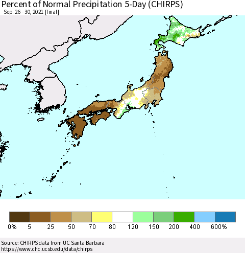 Japan Percent of Normal Precipitation 5-Day (CHIRPS) Thematic Map For 9/26/2021 - 9/30/2021