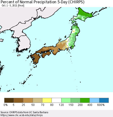 Japan Percent of Normal Precipitation 5-Day (CHIRPS) Thematic Map For 10/1/2021 - 10/5/2021