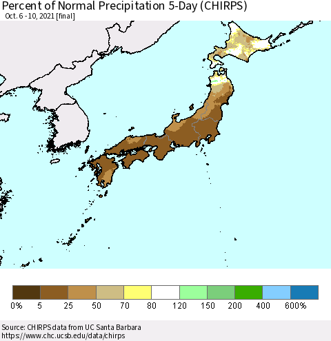 Japan Percent of Normal Precipitation 5-Day (CHIRPS) Thematic Map For 10/6/2021 - 10/10/2021