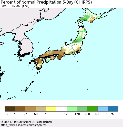 Japan Percent of Normal Precipitation 5-Day (CHIRPS) Thematic Map For 10/11/2021 - 10/15/2021