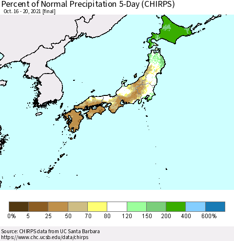 Japan Percent of Normal Precipitation 5-Day (CHIRPS) Thematic Map For 10/16/2021 - 10/20/2021