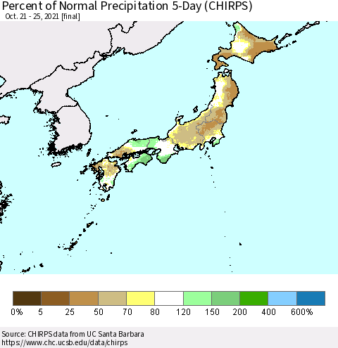 Japan Percent of Normal Precipitation 5-Day (CHIRPS) Thematic Map For 10/21/2021 - 10/25/2021