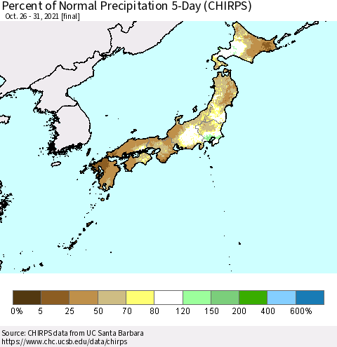 Japan Percent of Normal Precipitation 5-Day (CHIRPS) Thematic Map For 10/26/2021 - 10/31/2021