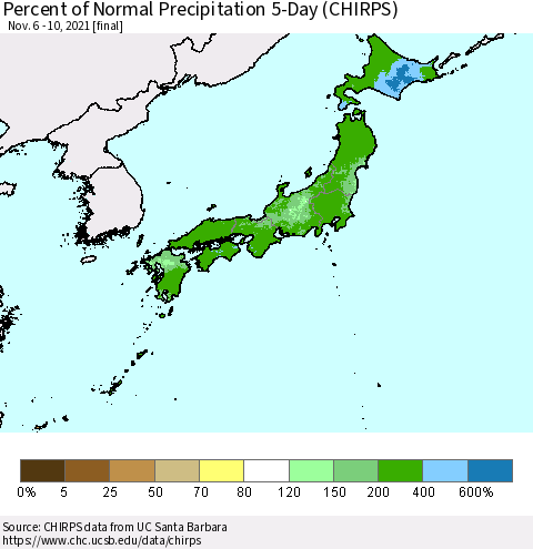 Japan Percent of Normal Precipitation 5-Day (CHIRPS) Thematic Map For 11/6/2021 - 11/10/2021