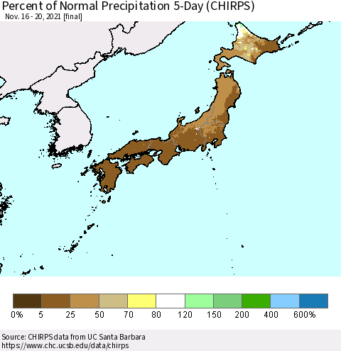 Japan Percent of Normal Precipitation 5-Day (CHIRPS) Thematic Map For 11/16/2021 - 11/20/2021