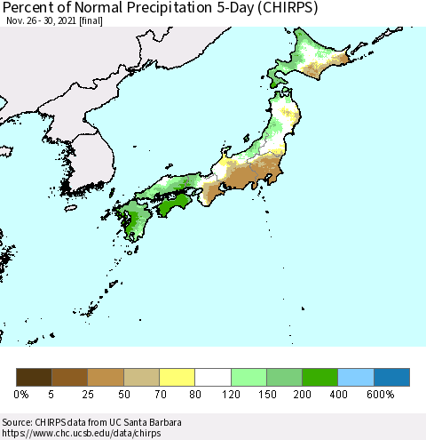 Japan Percent of Normal Precipitation 5-Day (CHIRPS) Thematic Map For 11/26/2021 - 11/30/2021