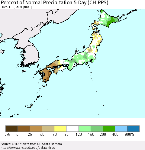 Japan Percent of Normal Precipitation 5-Day (CHIRPS) Thematic Map For 12/1/2021 - 12/5/2021