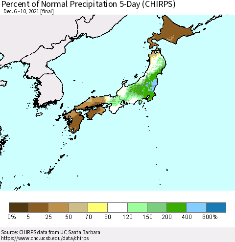Japan Percent of Normal Precipitation 5-Day (CHIRPS) Thematic Map For 12/6/2021 - 12/10/2021