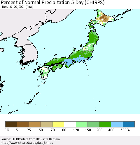 Japan Percent of Normal Precipitation 5-Day (CHIRPS) Thematic Map For 12/16/2021 - 12/20/2021