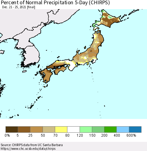 Japan Percent of Normal Precipitation 5-Day (CHIRPS) Thematic Map For 12/21/2021 - 12/25/2021