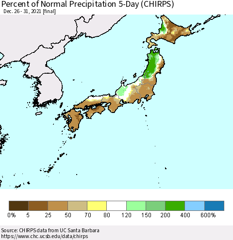 Japan Percent of Normal Precipitation 5-Day (CHIRPS) Thematic Map For 12/26/2021 - 12/31/2021