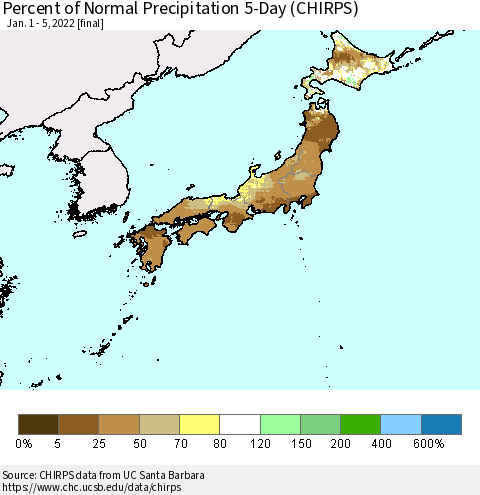 Japan Percent of Normal Precipitation 5-Day (CHIRPS) Thematic Map For 1/1/2022 - 1/5/2022