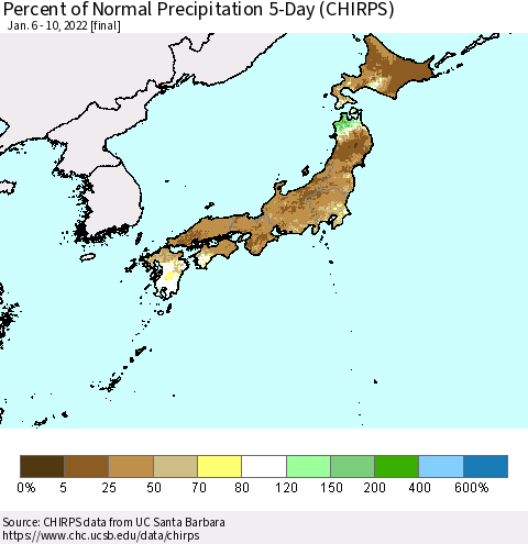 Japan Percent of Normal Precipitation 5-Day (CHIRPS) Thematic Map For 1/6/2022 - 1/10/2022