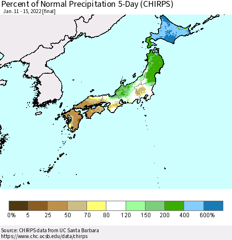 Japan Percent of Normal Precipitation 5-Day (CHIRPS) Thematic Map For 1/11/2022 - 1/15/2022
