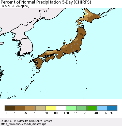 Japan Percent of Normal Precipitation 5-Day (CHIRPS) Thematic Map For 1/26/2022 - 1/31/2022
