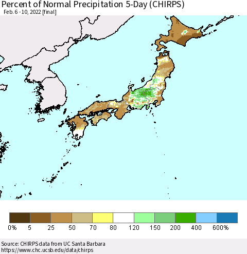 Japan Percent of Normal Precipitation 5-Day (CHIRPS) Thematic Map For 2/6/2022 - 2/10/2022